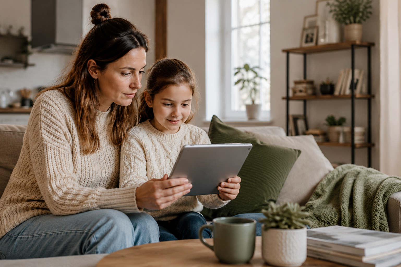 Moeder en kind bekijken samen een tablet op de bank