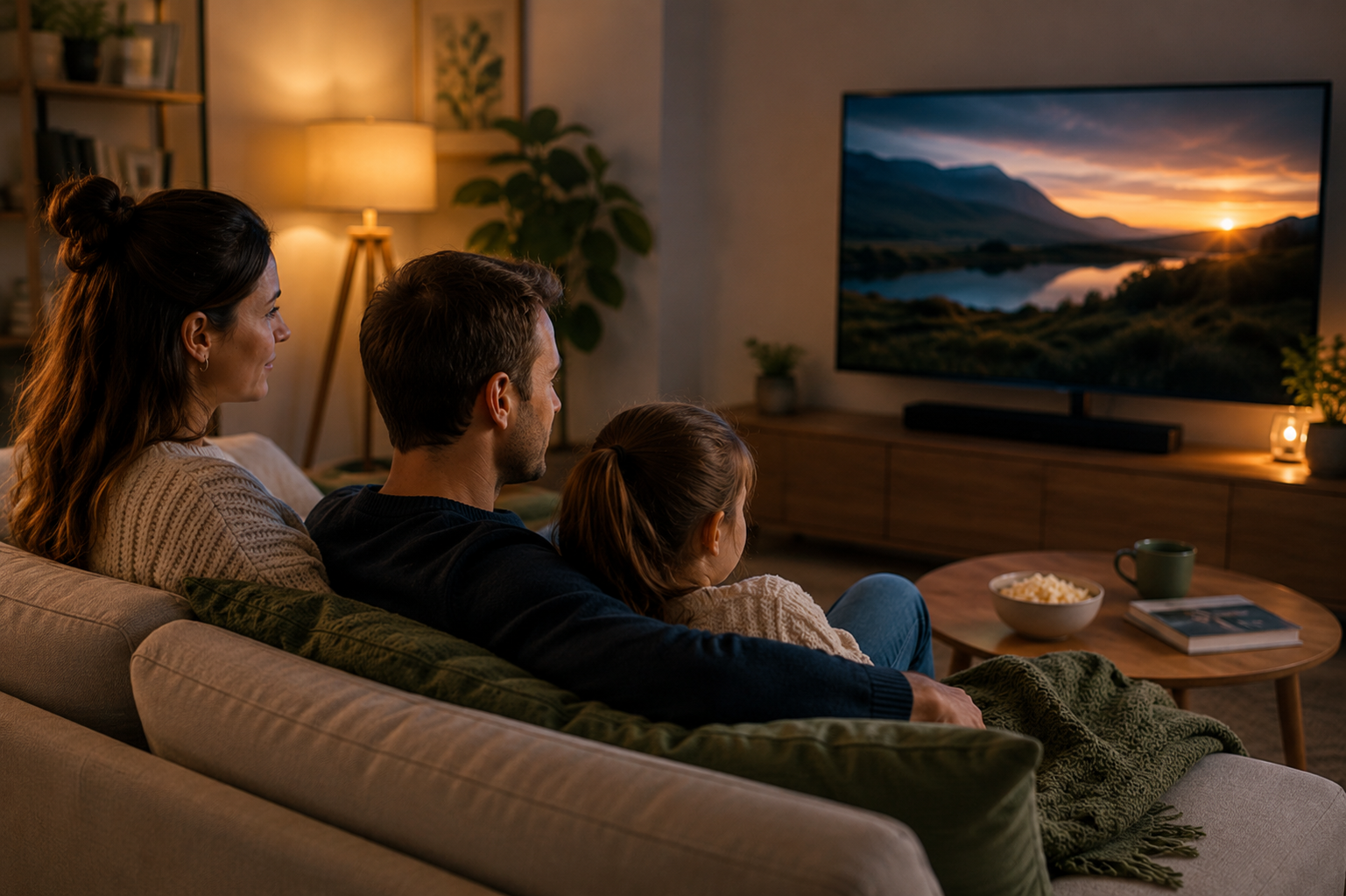 Gezin kijkt samen televisie in de woonkamer